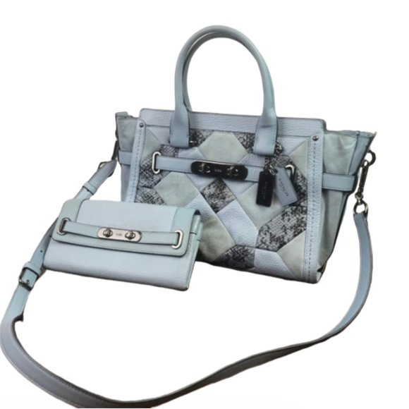 Coach Handbags - Coach Blue Exotic Patchwork Swagger 27 & Wallet
